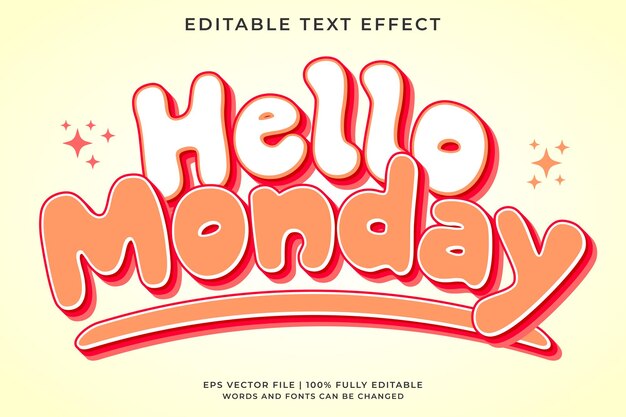 Efecto de texto hola lunes, estilo de texto de dibujos animados retro y vintage editable