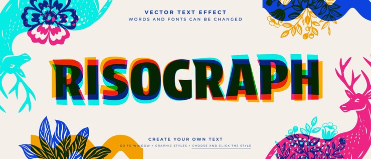 Vector efecto de texto de impresión risógrafo en el estilo gráfico vectorial de superposición de fondo abstracto