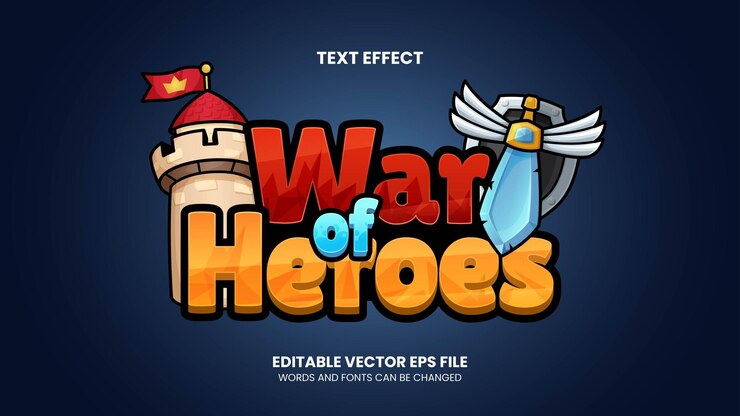 Vector efecto de texto del juego heroes war editable