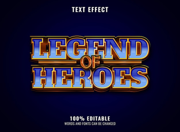 Vector efecto de texto del logotipo del título del juego editable de la leyenda de los héroes de diamantes brillantes de oro de fantasía