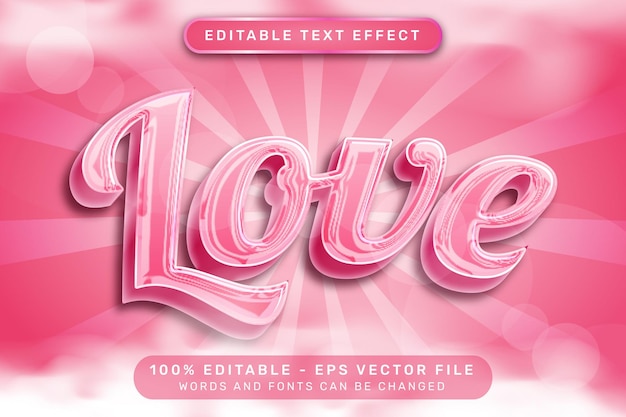 Efecto de texto love 3d y efecto de texto editable con fondo rosa y ilustración de nubes
