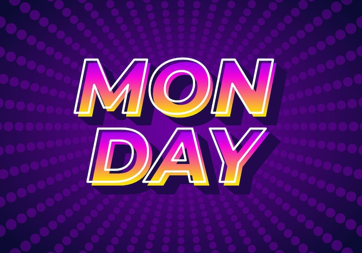 Vector efecto de texto de lunes en aspecto 3d con gradiente de color púrpura amarillo