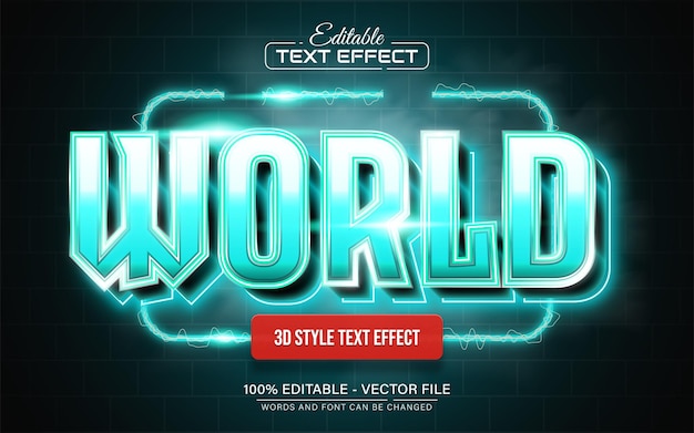 Vector efecto de texto de luz de neón azul del mundo editable