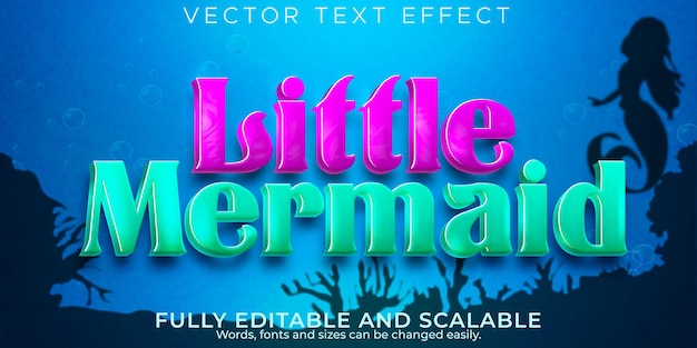 Efecto de texto de mar de sirena, estilo de texto editable de océano y peces