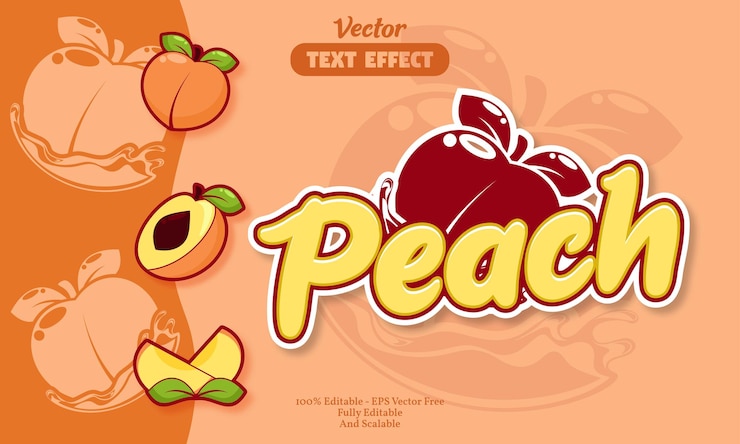 Vector efecto de texto de melocotón con fondo de icono de melecotón