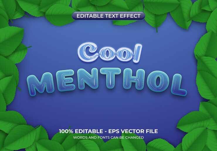 Vector efecto de texto de mentol frío con hojas de menta sobre fondo azul efecto de texto de menta editable