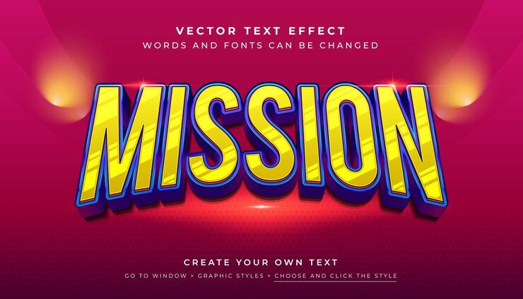 Vector efecto de texto de misión amarilla 3d editable vectorial estilo gráfico de misión espacial de juego sobre fondo rojo