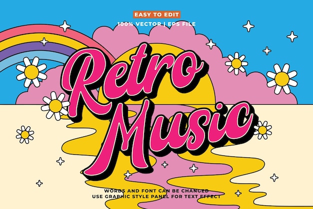 Efecto de texto de música retro editable estilo de dibujos animados en 3D Efecto de mensaje de texto editable vector de plantilla de música vintage