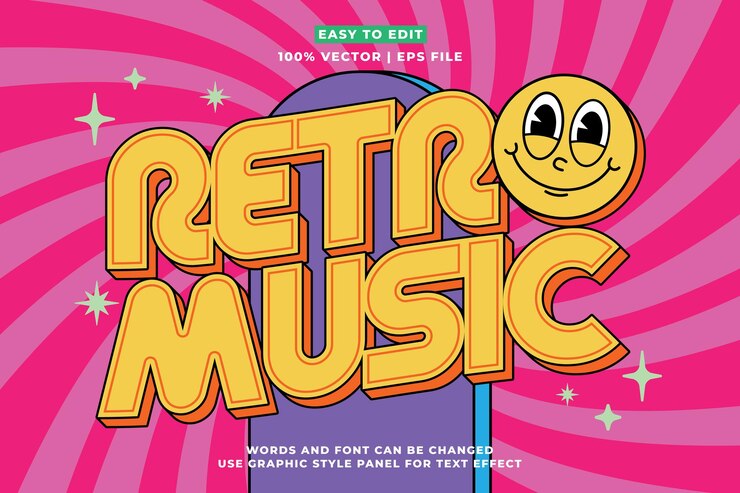 Efecto de texto de música retro editable estilo de dibujos animados en 3D Efecto de mensaje de texto editable vector de plantilla de música vintage