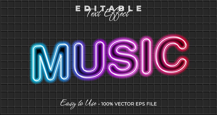 Vector efecto de texto musical brillo de neón estilo gráfico luz texto editable