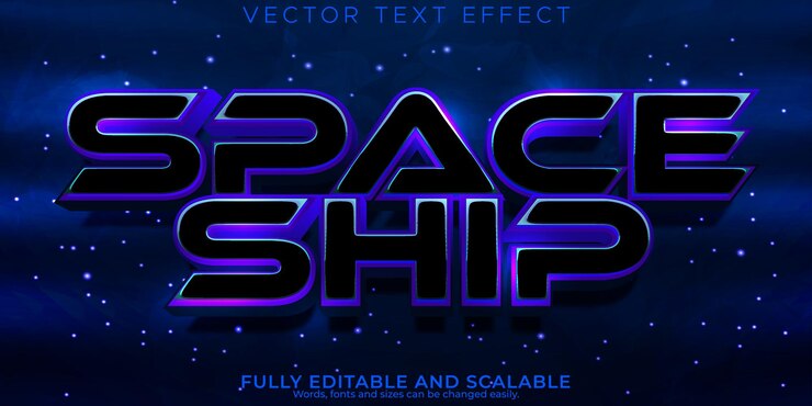 Vector efecto de texto de nave espacial estilo de texto de galaxia y neón editable