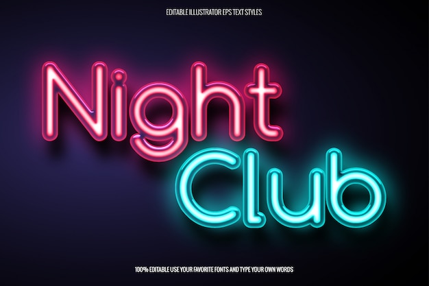 Vector efecto de texto de neón para el diseño relacionado con el club nocturno