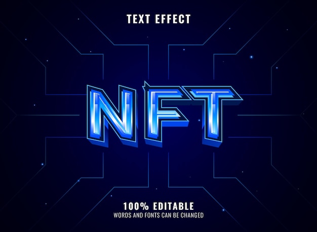 Efecto de texto nft de tecnología futurista azul con fondo de diagrama de líneas de circuito