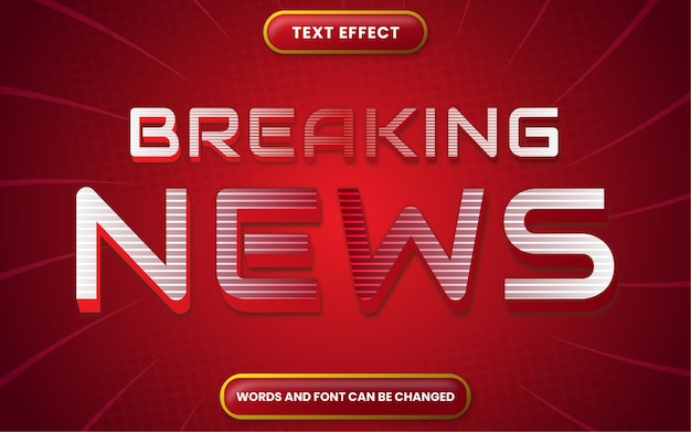 Vector efecto de texto noticias de última hora con estilo de texto editable rojo y brillante 3d