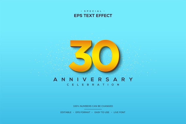 Efecto de texto con números en su 30 aniversario con números 3d sobre un fondo azul brillante.