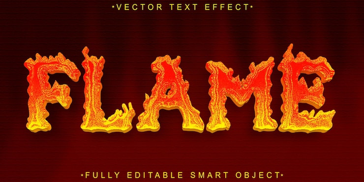 Vector efecto de texto de objeto inteligente totalmente editable de vector de fuego de llama