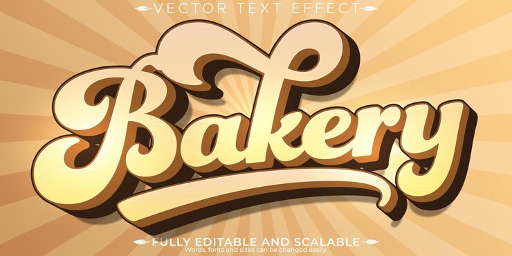 Vector efecto de texto de panadería, productos horneados editables y delicioso estilo de fuente personalizable