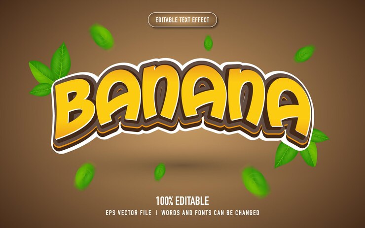 Vector efecto de texto de plátano con adorno de hoja verde.