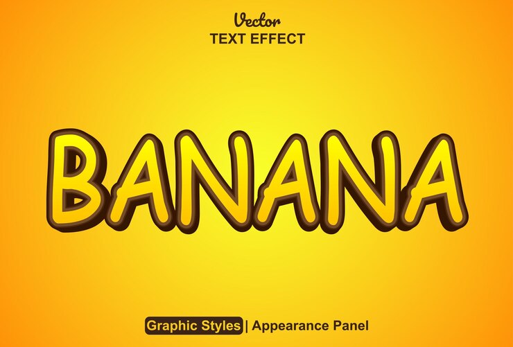 Vector efecto de texto de plátano con estilo gráfico de color amarillo y editable.