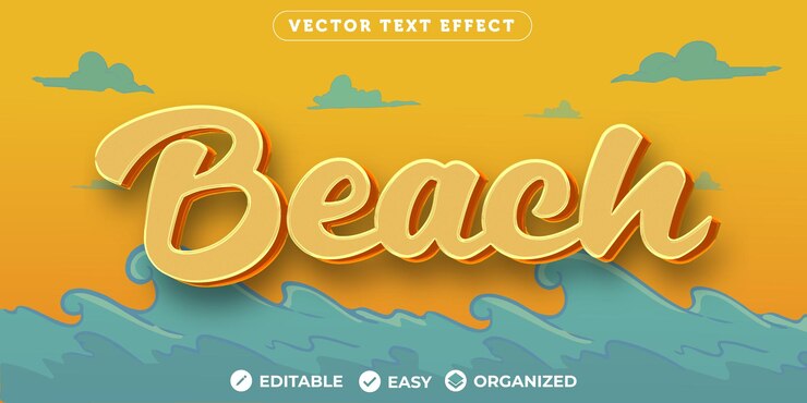 Vector efecto de texto de playaefecto de texto de fuente totalmente editable