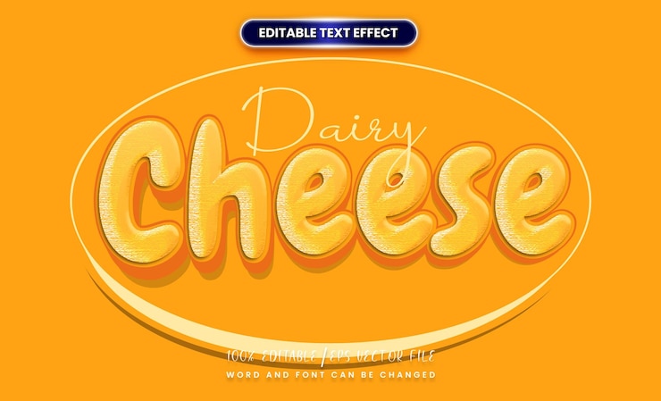 Vector efecto de texto de queso lácteo texto editable de dibujos animados en 3d