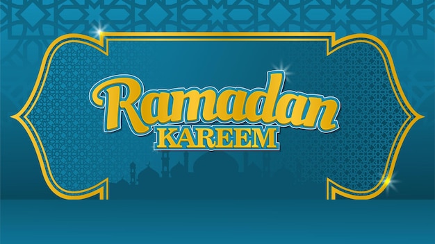 efecto de texto de ramadán azul y dorado con fondo de patrón musulmán y mezquita