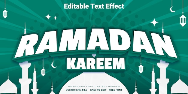 Vector efecto de texto ramadan kareem con mezquita vectorial y luces de linterna