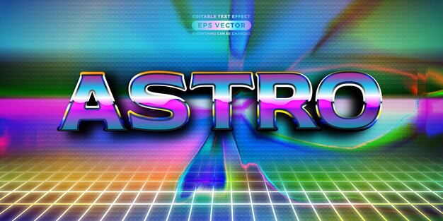 Efecto de texto retro astro futurista editable estilo clásico de los años 80 con antecedentes experimentales ideal para publicaciones en redes sociales de afiches con el toque radical de los años 80