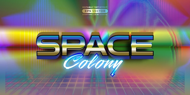 Efecto de texto retro colonia espacial futurista editable estilo clásico de los años 80 con antecedentes experimentales ideal para carteles, volantes, publicaciones en redes sociales con el toque radical de los años 80