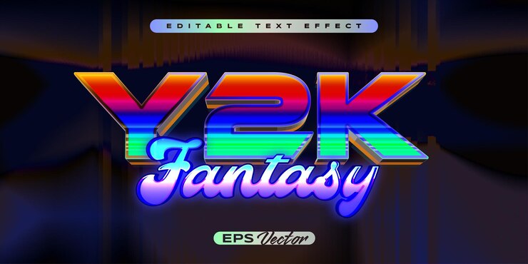 Vector efecto de texto retro editable y2k con fantasía de estilo clásico futurista de los años 80