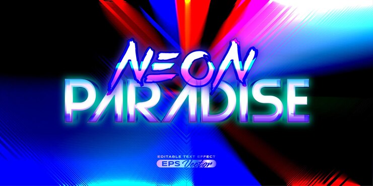 Vector efecto de texto retro neón paraíso futurista editable estilo clásico de los años 80 con antecedentes experimentales ideal para carteles, volantes, publicaciones en redes sociales con el toque radical de los años 80