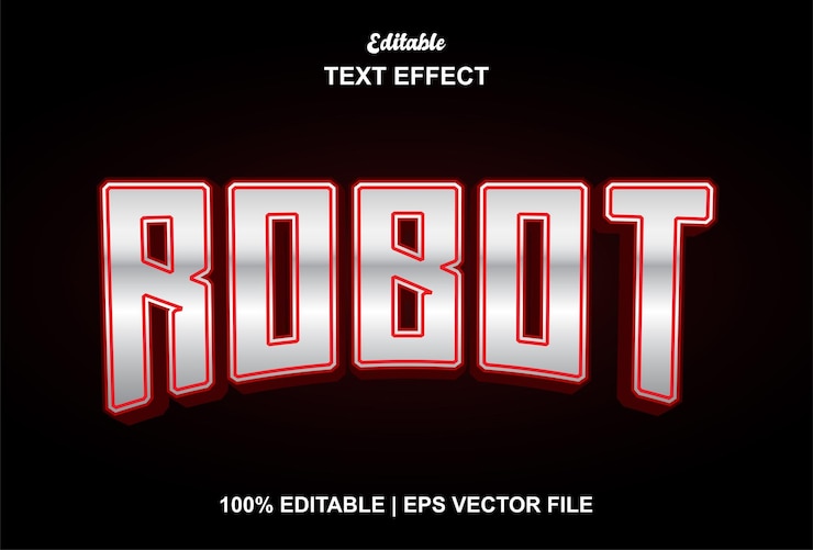 Vector efecto de texto de robot con estilo gráfico editable en color plateado