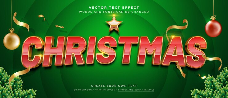 Vector efecto de texto rojo y dorado de navidad en el estilo gráfico vectorial de fondo verde