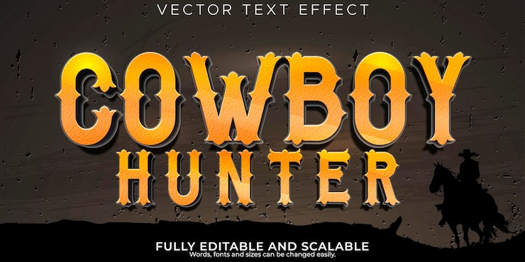 Vector efecto de texto salvaje de vaquero estilo de texto editable del oeste y texas