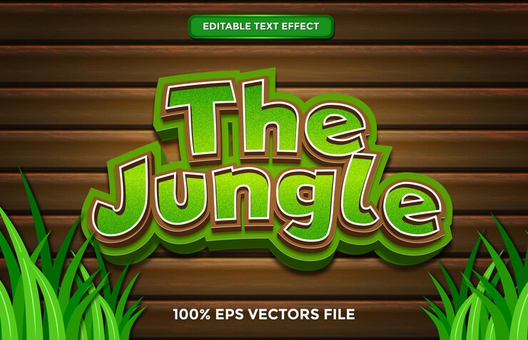 Vector el efecto de texto de la selva, dibujos animados editables y estilo de texto de bosque vector premium
