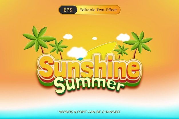 Efecto de texto de sol de verano con palmeras y escena de playa
