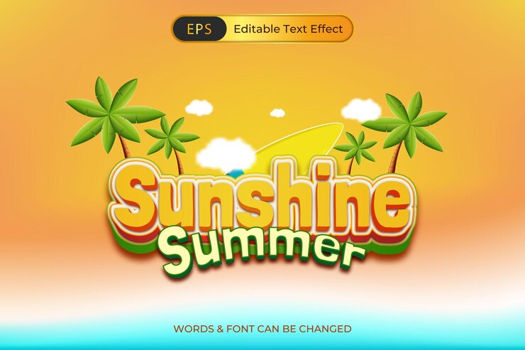 Vector efecto de texto de sol de verano con palmeras y escena de playa