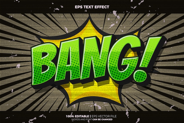 Vector efecto de texto de superhéroe de dibujos animados bang retro vintage