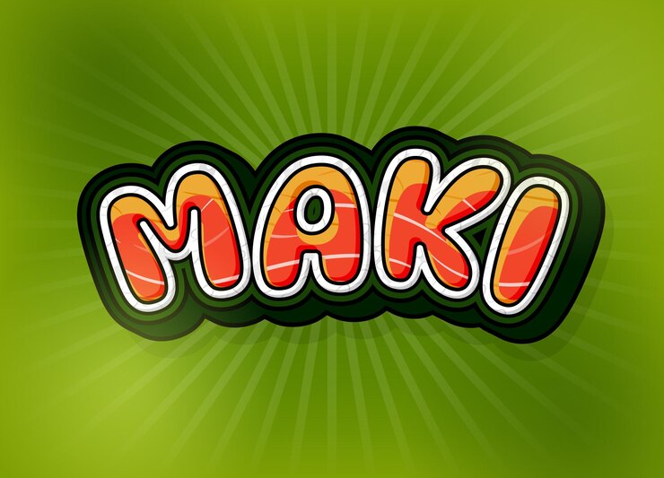 Vector efecto de texto de sushi de atún maki editable con salmón, algas y rollos de huevo, genial para menús de comida asiática