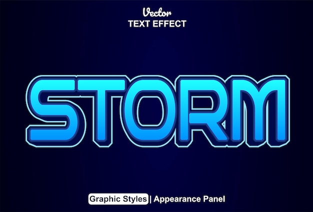 Vector efecto de texto de tormenta con estilo gráfico azul y editable.