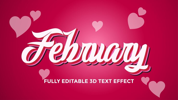 Vector efecto de texto totalmente editable en 3d de febrero con hermoso fondo temático de love valentine
