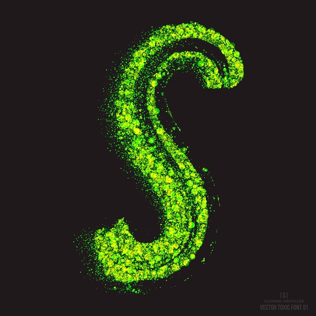 Efecto de texto tóxico del grunge de la letra S. Partículas de color verde brillante abstractas de fuente ácida aisladas sobre fondo negro. Residuos radiactivos. Apocalipsis Zombie Horror. Elemento de diseño de símbolo de llama verde