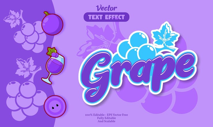 Vector efecto de texto de uva con fondo de icono de uva
