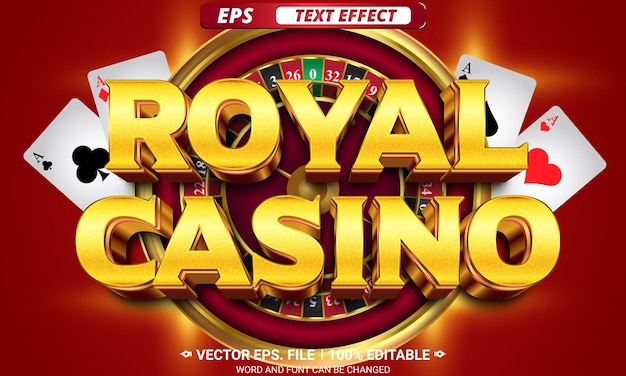 Vector efecto de texto de vector de anuncio de casino real con una rueda de ruleta de borde dorado