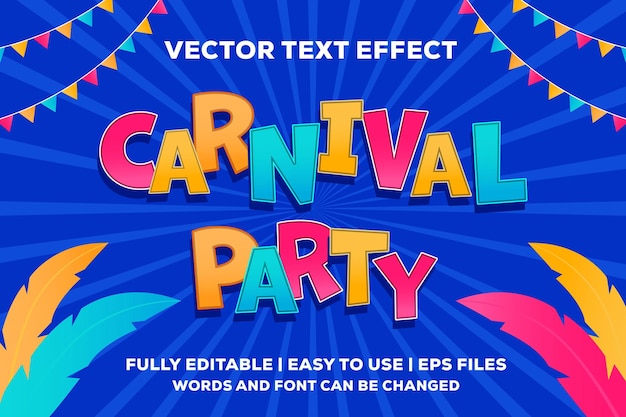 Efecto de texto de vector de fiesta de carnaval colorido completamente editable