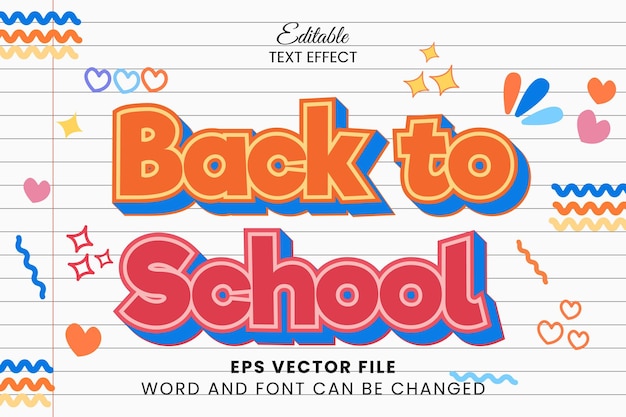 Efecto de texto de vector de regreso a la escuela efecto de texto de estilo doodle