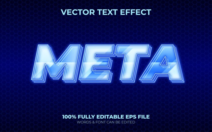 Vector efecto de texto vectorial 3d editable color de luz azul metaverso con textura de vidrio