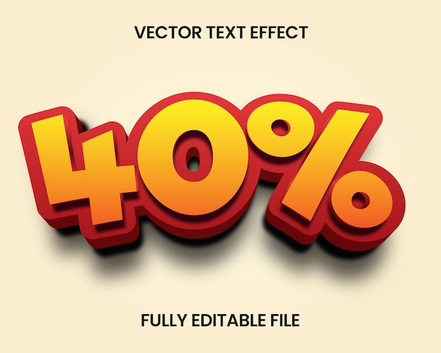 Efecto de texto vectorial 3D para gráficos promocionales con un descuento en negrita del 40 por ciento en rojo y amarillo