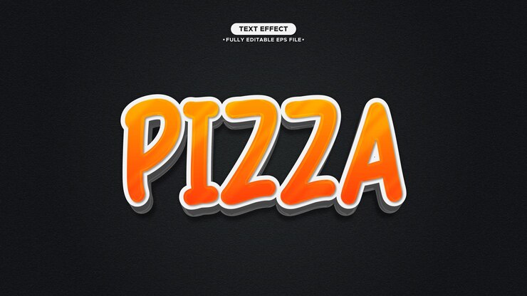 Vector efecto de texto vectorial 3d de pizza estilo de chrome para banner y título de promoción fuente y texto editables