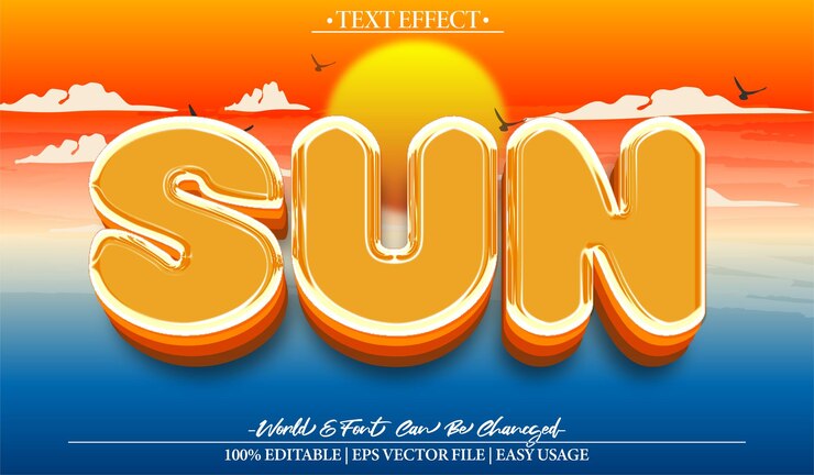 Vector efecto de texto vectorial de amanecer editable alfabeto playa verano sol soleado